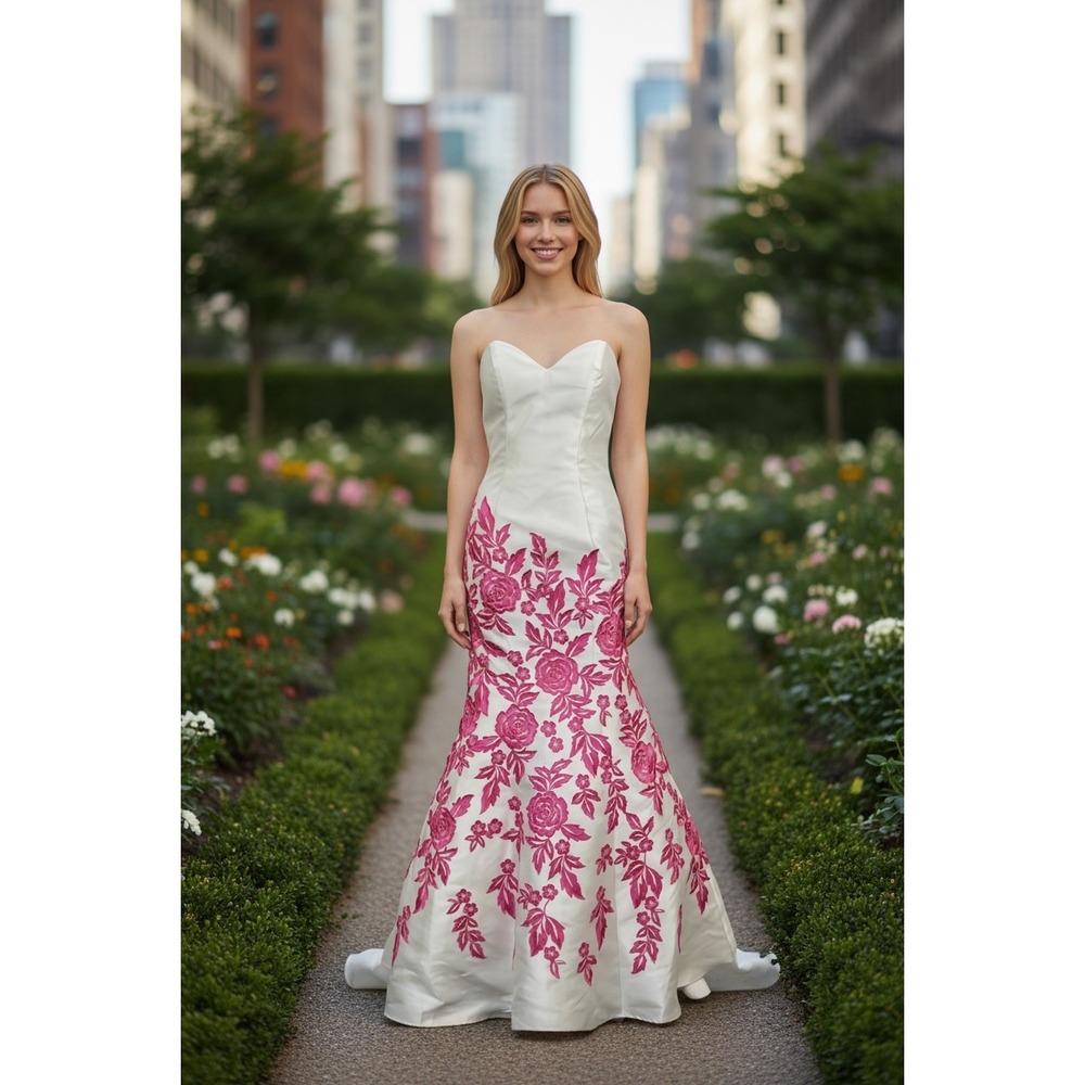 Ellie Wilde Mon Cherie White Pink Floral Embroidered Mermaid Prom Dress
